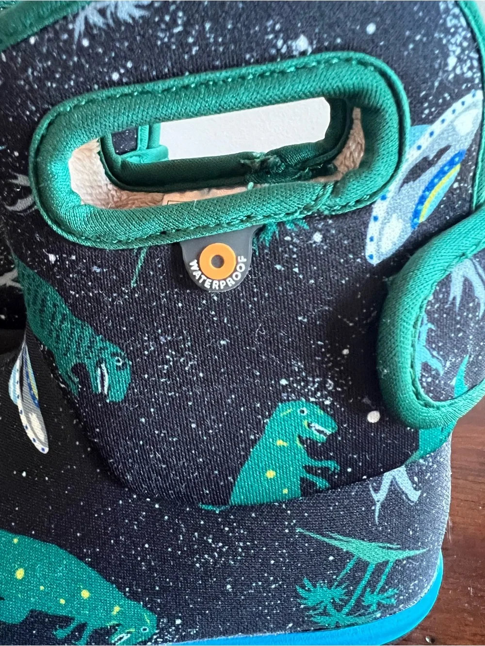 Baby Bogs II Kids Black and Green Dinosaur Winter Boots